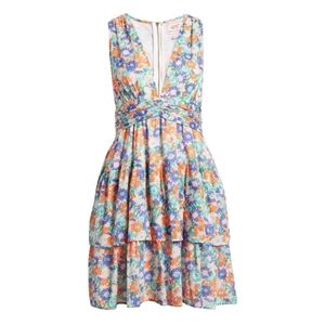 NWOT BANJANAN Women’s Donna Floral Tiered Cotton A-Line Deep V-Neck Lined Dress